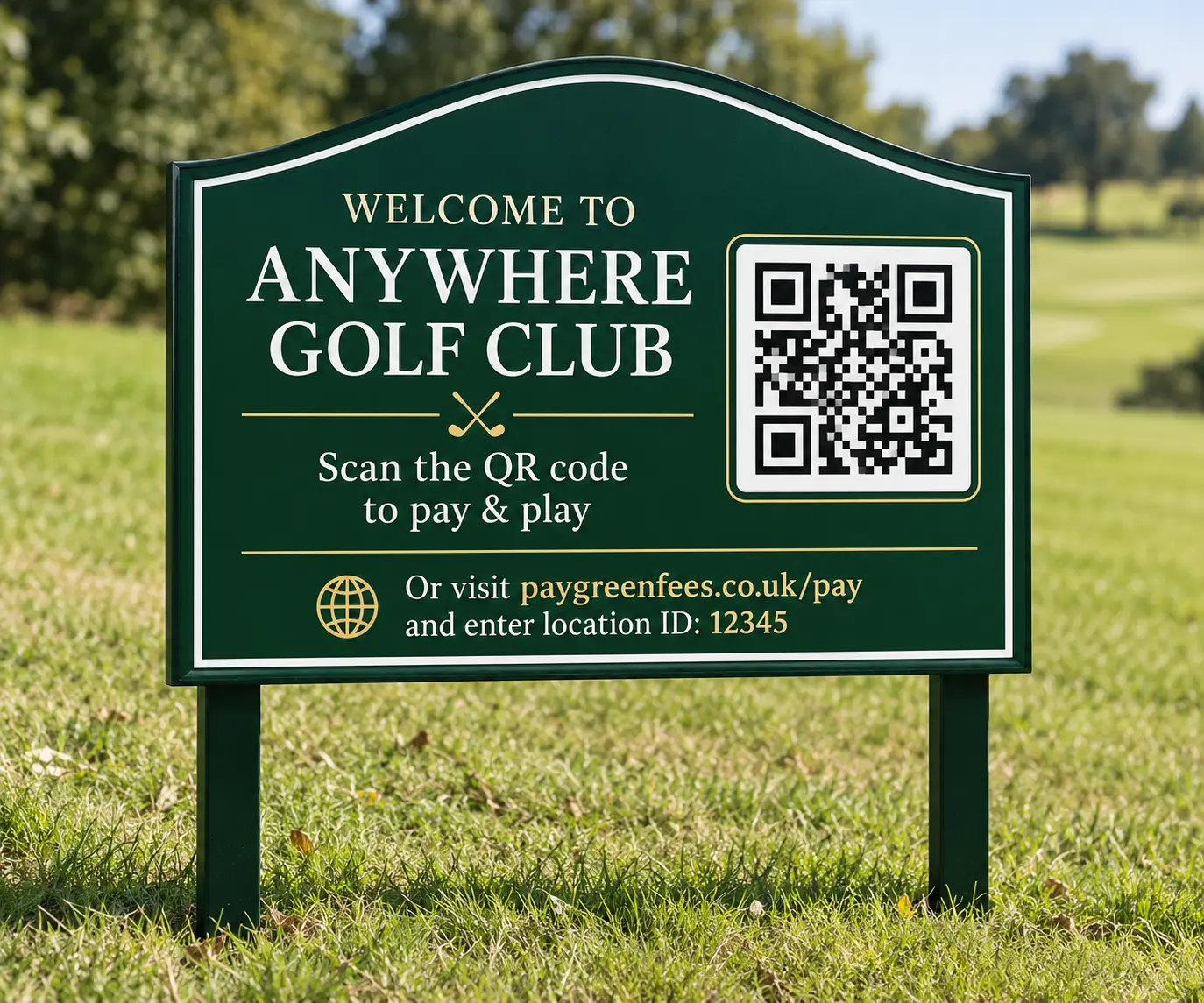 A dark green first-tee sign reading &ldquo;Welcome to Anywhere Golf Club — scan the QR code to pay and play&rdquo;, with a QR code and paygreenfees.co.uk/pay link, standing beside a fairway.